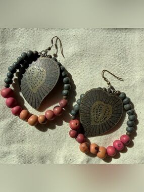 Handcrafted Heart Pendant Beaded Drop Earrings - Pink Gray Coral Distressed